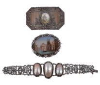 A late Georgian shell and cut steel bracelet, circa 1830, the pierced floral panels set with