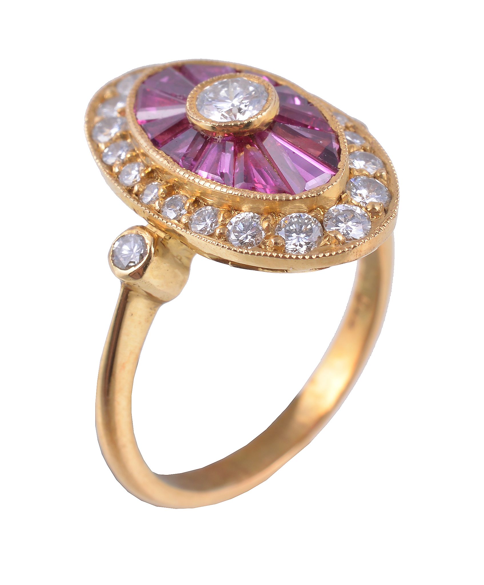 A French ruby and diamond dress ring, the navette shaped panel centrally set with a brilliant cut