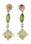 A pair of peridot, citrine and diamond earrings, the square cut citrines claw set below a marquise
