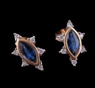 A pair of sapphire and diamond earrings, the marquise cut sapphire within a surround of brilliant