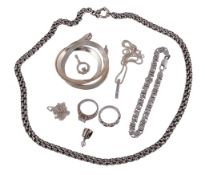 A small collection of silver coloured jewellery , to include a flattened link necklace, stamped