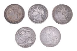 George IV, Crowns (5), 1821 Secundo (3), 1822 Secundo, 1822 Tertio (S. 3805). Generally fine (5)