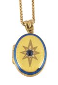 An 18 carat gold enamel and sapphire locket pendant, the oval locket set with a circular cut