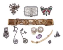 A small selection of costume jewellery, to include: a paste set butterfly brooch; a pair of paste