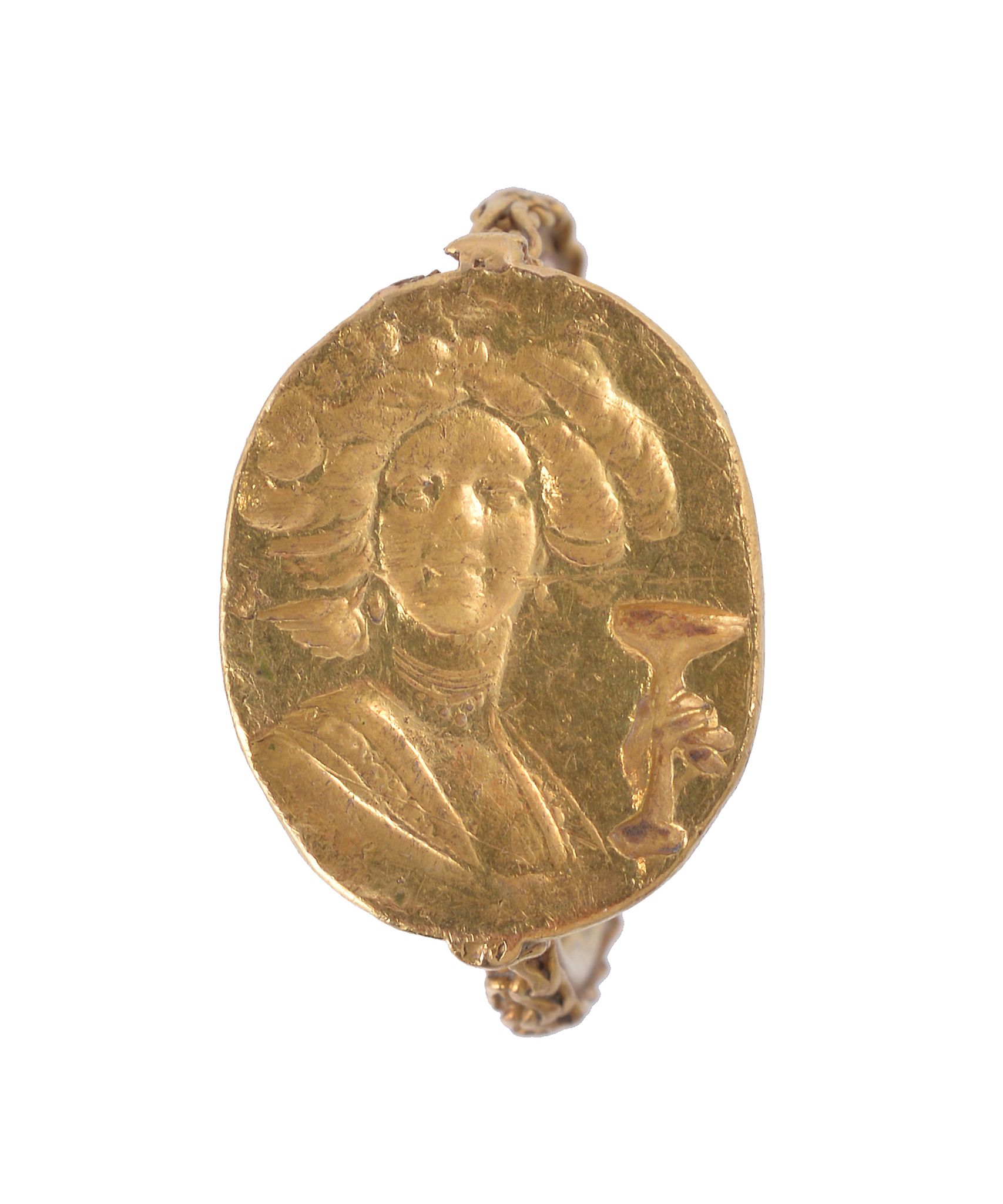 A gold intaglio ring, the oval panel carved with a lady holding a chalice, to an applied wire - Image 2 of 2