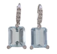 A pair of aquamarine and diamond earrings, the rectangular cut aquamarine with brilliant cut