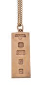 A 9 carat gold ingot on chain, the rectangular ingot with 1977 hallmarks to the front, suspended on