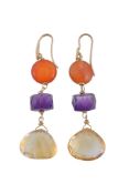 A pair of citrine, amethyst and cornelian earrings, the facetted citrine drop below a facetted