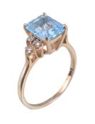 A blue topaz and diamond ring, the rectangular cut blue topaz claw set between brilliant cut