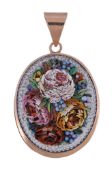 A late Victorian micro mosaic and portrait miniature pendant, the oval pendant with a micro mosaic