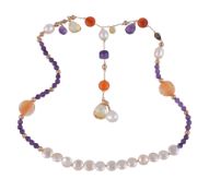 A freshwater cultured pearl and multi gem set necklace, the central drop set set with a facetted