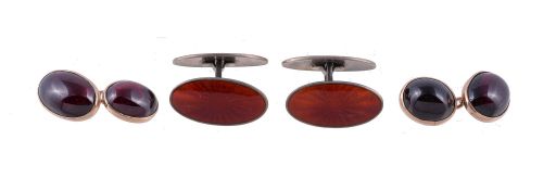 A pair of Norwegian enamel double sided cufflinks by David Andersen, the oval red enamel panels