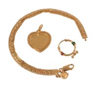 A gold heart shaped pendant, stamped 21c, 2.8cm long; together with a bracelet and a single