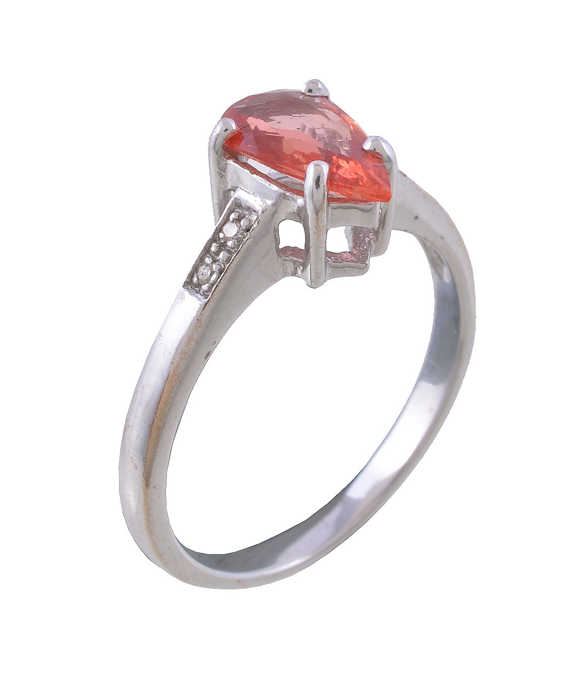 An 18 carat gold orange sapphire and diamond ring, the pear cut orange sapphire claw set between
