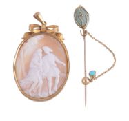 A late Victorian shell cameo pendant, circa 1900, the oval shell panel carved with a romancing