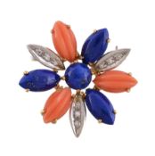 Ω A coral, lapis lazuli and diamond brooch, designed as a flower head, set with carved coral,