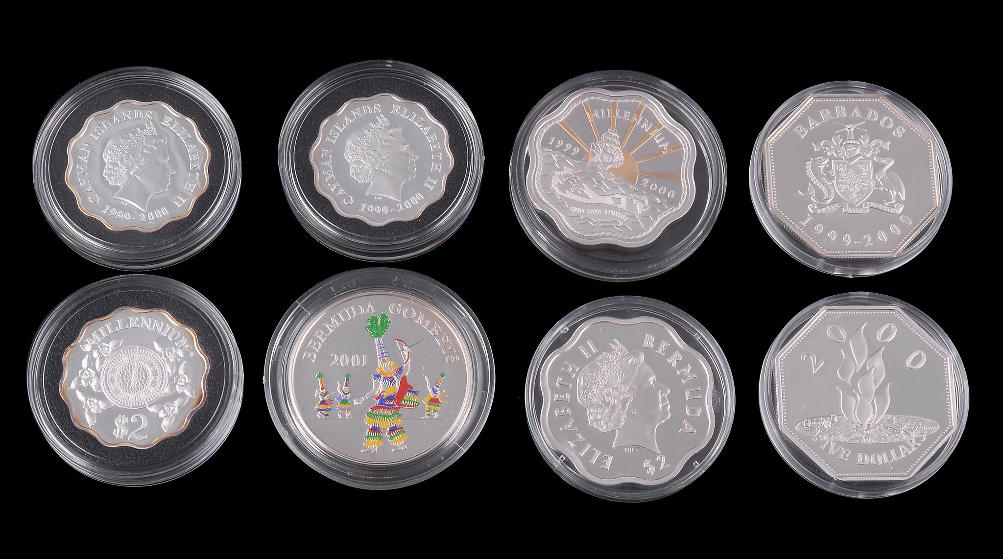 Barbados, silver proof 5-Dollars 1999-2000 (2); Bermuda, silver proof 5-Dollars 2001, 2-Dollars