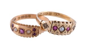 An Edwardian 18 carat gold ruby and pearl ring, the panel set with circular cut rubies, and two