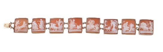 A 1930s shell cameo bracelet, the rectangular panels carved with various Greek deities riding