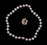 Ω A freshwater cultured pearl, mother of pearl, ruby and diamond necklace, the alternating