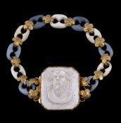 A 19th century lava cameo bracelet, circa 1880, the principal panel carved with Chronos with