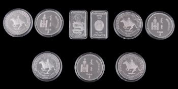 China, silver proof 250-Won 1998 (2), ingots; Mongolia, Millennium, silver proof 500-Tugrik 1998 (