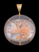 A mid 19th century shell cameo pendant, circa 1850, the oval panel carved with Cupid and Psyche in