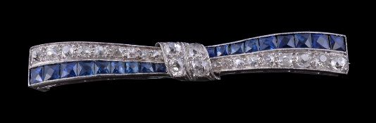 A 1930s sapphire and diamond bow brooch, set with old brilliant cut diamonds, approximately 0.80