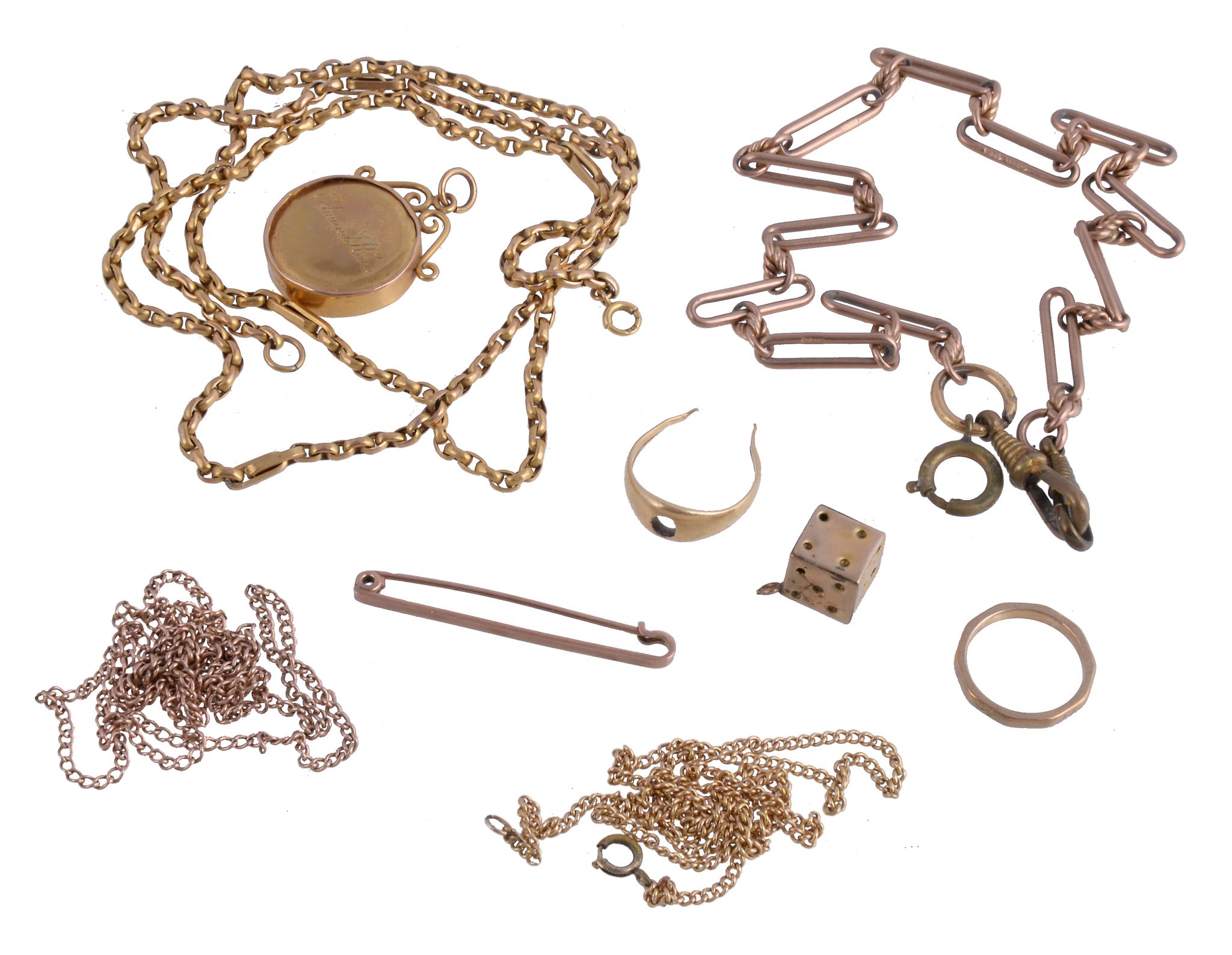 A collection of gold coloured items, to include: a gold curb link chain stamped 15c; a 9 carat gold