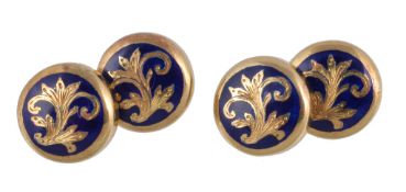 A pair of enamel double sided cufflinks, the circular panels set with foliate detail on a blue