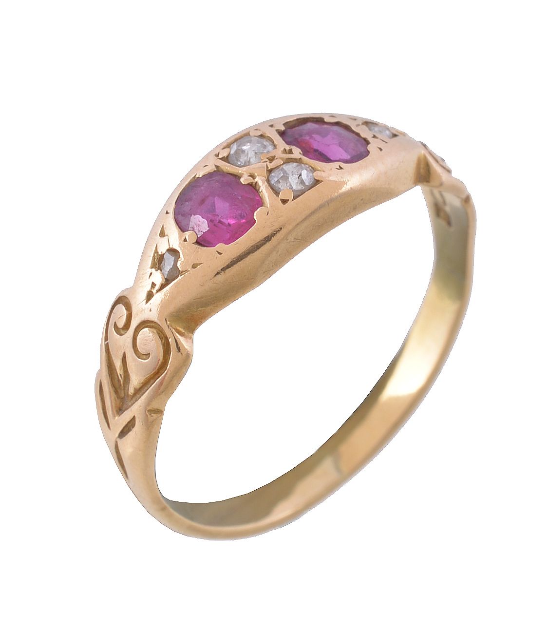 An early 20th century ruby and diamond ring, the two oval cut rubies with old cut diamonds in