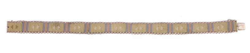 A 9 carat gold three colour bracelet, the woven three colour bracelet with a belcher link border,