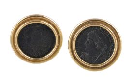 A pair of ancient coin earrings, the ancient Roman bronze follis coin s within later polished gold