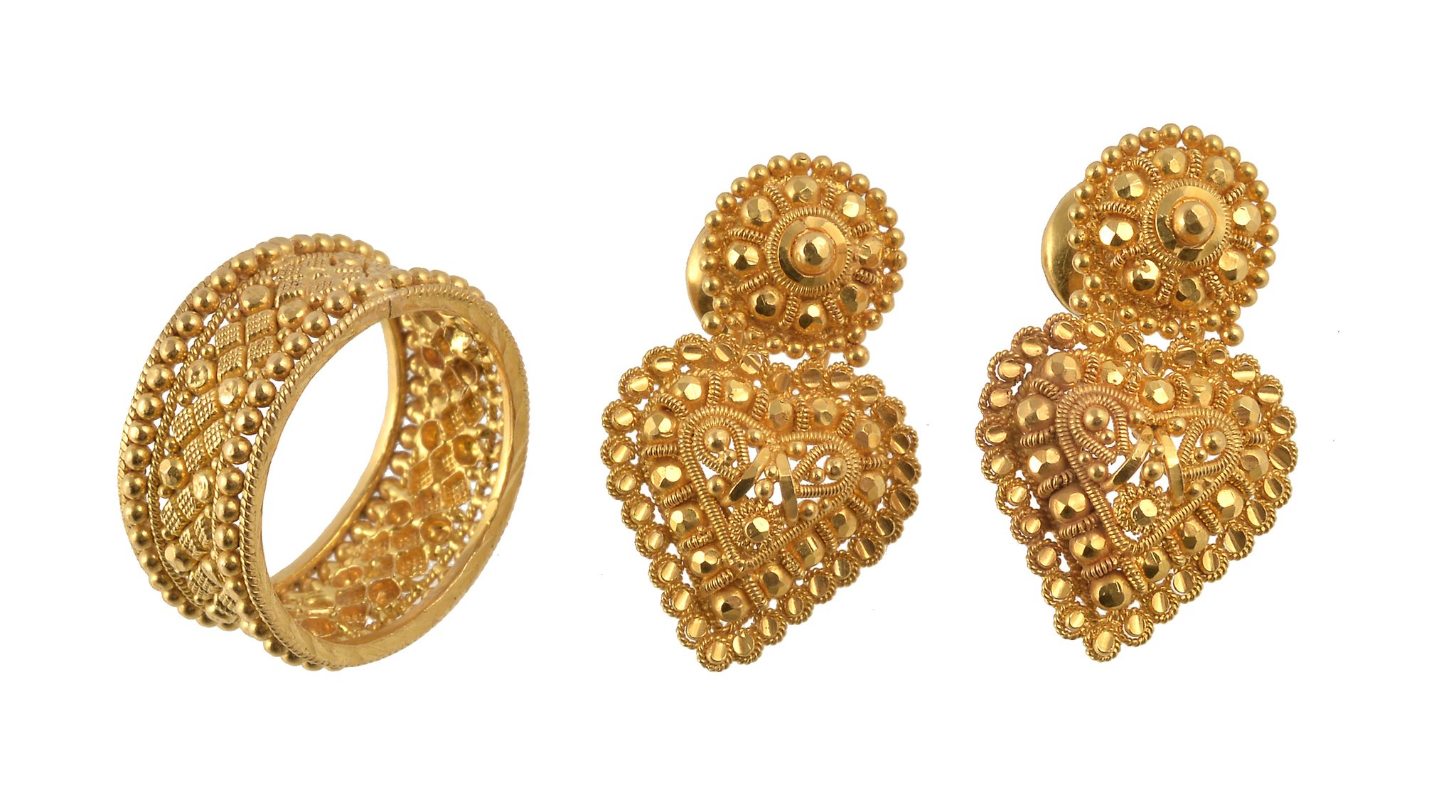 A pair of Indian gold coloured earrings and ring, the beaded and ropetwist circular shaped