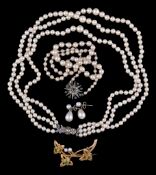 A cultured pearl necklace, the three stranded necklace composed with graduating cultured pearls, to