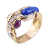 A lapis lazuli, ruby and diamond ring, of abstract design, set with an oval cabochon lapis lazuli,