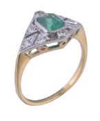 An emerald and diamond dress ring , the lozenge shaped pierced panel centred with a step cut