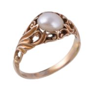 A late Victorian pearl ring, circa 1900, the boutton pearl in a claw setting, within a pierced
