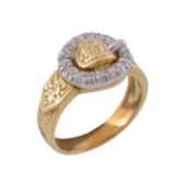 A diamond set buckle ring, designed as a buckle, set with eight cut diamonds, with engraved detail,