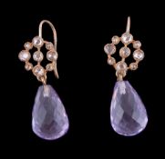A pair of diamond and amethyst ear pendants , the briollette cut amethysts each suspended from a