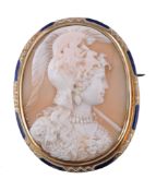 A 19th century shell cameo, circa 1860, the oval panel carved with Athena wearing full armour,