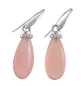 A pair of rose quartz and diamond earrings, the polished rose quartz drops below brilliant cut