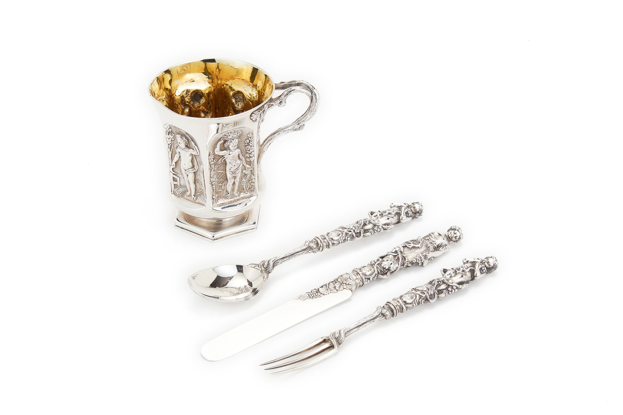 A Victorian silver matched four piece christening set, the mug by John Hunt & Robert Roskell, - Image 2 of 2