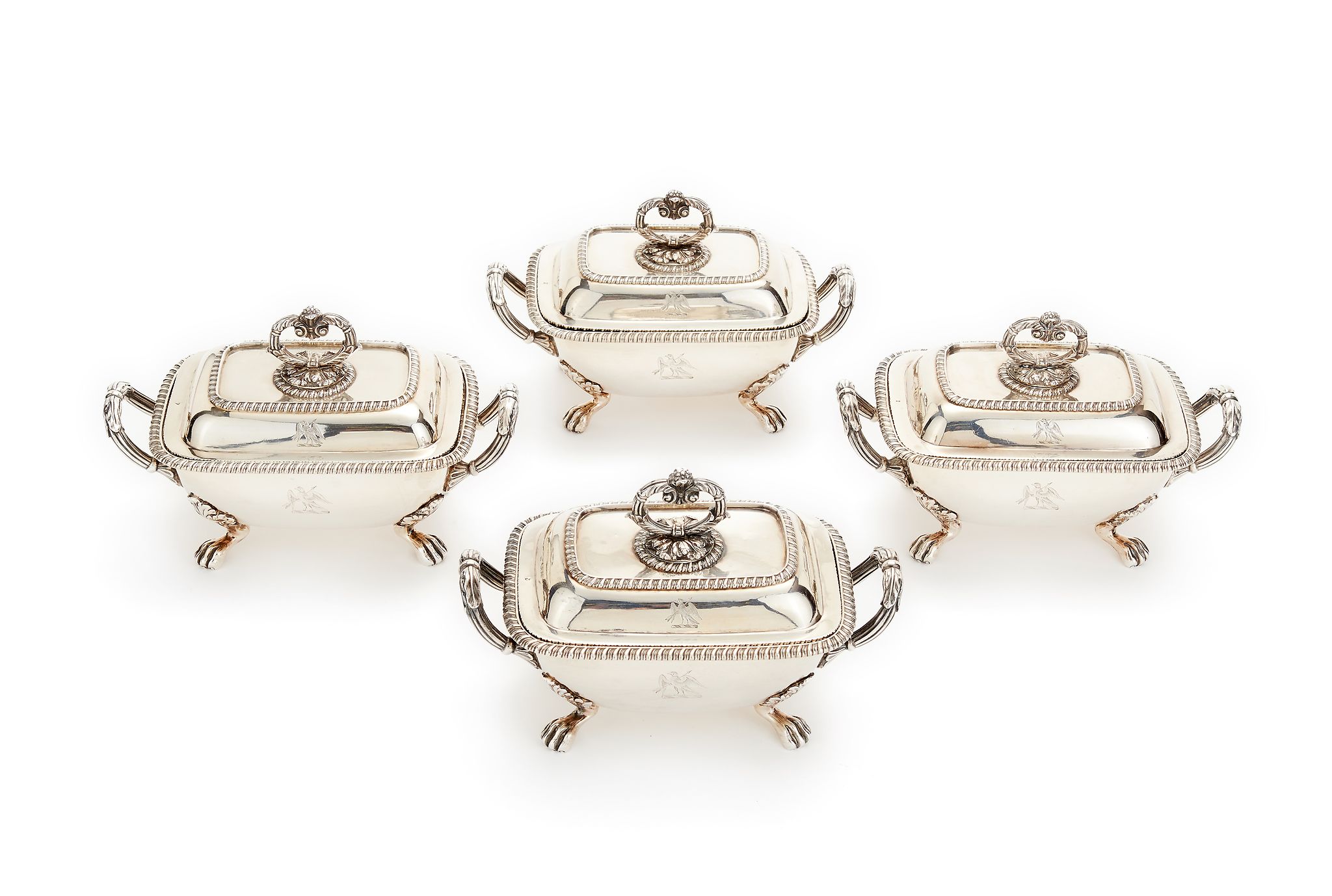 A set of four late George III silver rounded rectangular sauce tureens, covers and handles by