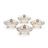 A set of four late George III silver rounded rectangular sauce tureens, covers and handles by