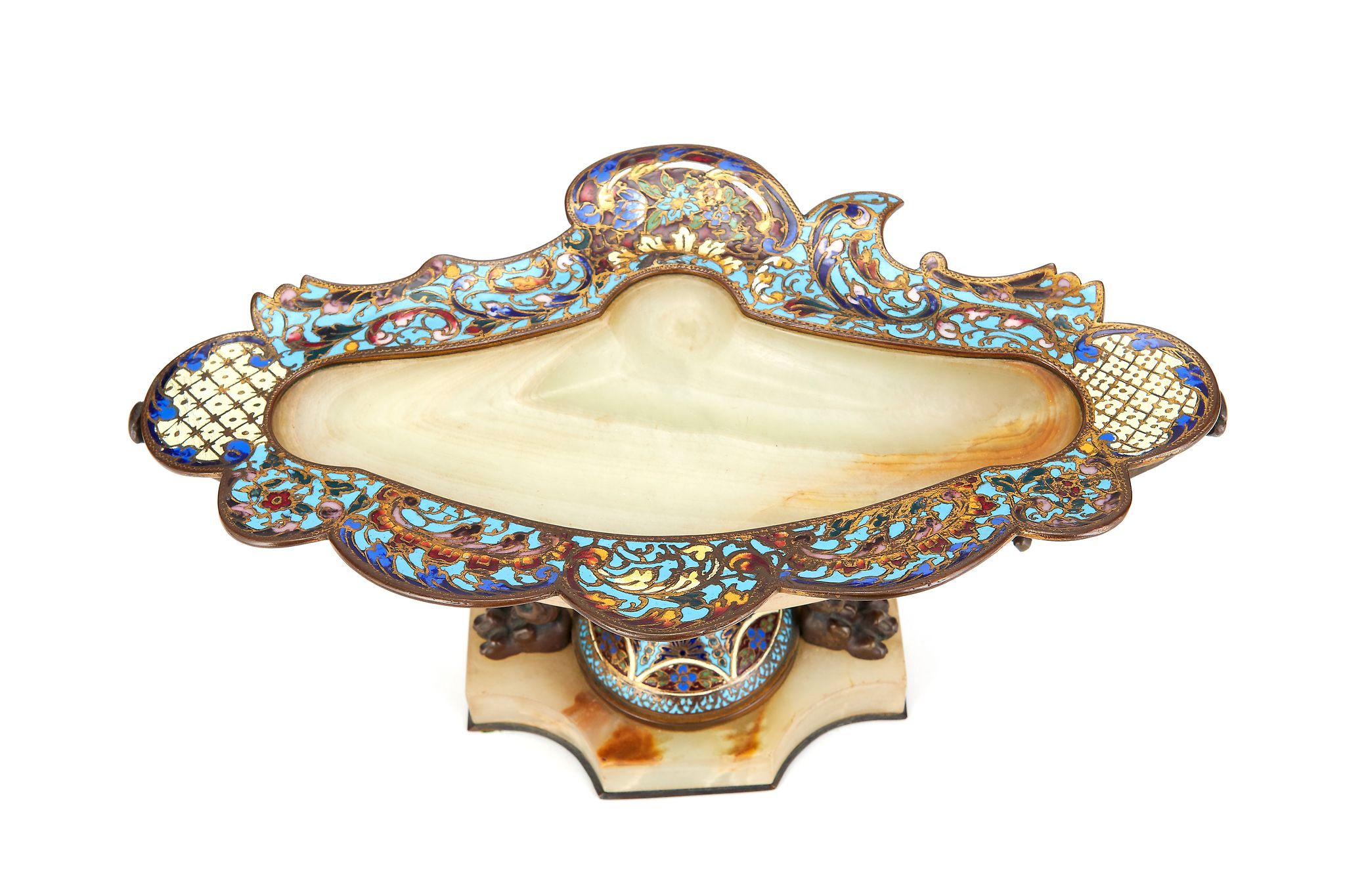 A French onyx, bronze and champleve enamel stand, circa 1900, the dished top with foliate and - Image 3 of 4