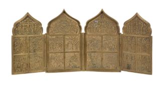 A Russian brass four-part travelling icon, late 19th century, cast with the crucifixion, The Holy