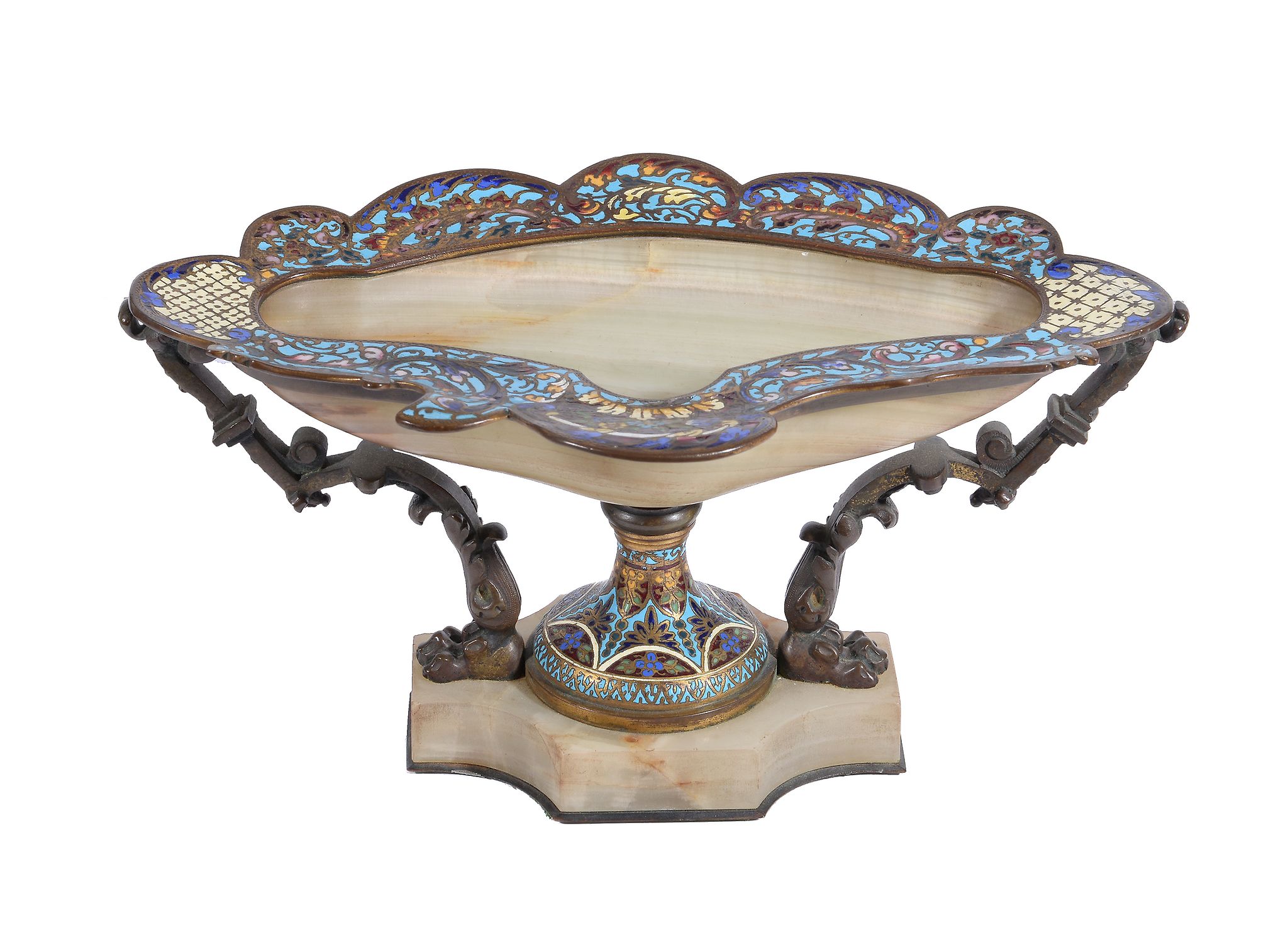 A French onyx, bronze and champleve enamel stand, circa 1900, the dished top with foliate and