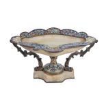 A French onyx, bronze and champleve enamel stand, circa 1900, the dished top with foliate and