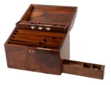 A Victorian burr walnut stationary box, last quarter 19th century, the hinged and sloping cover